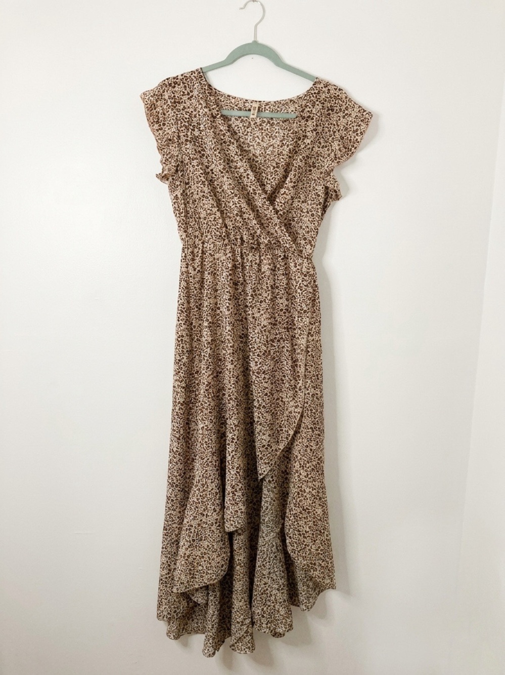 Grecerelle Brown Cream Floral Faux Wrap High-Low Midi Dress